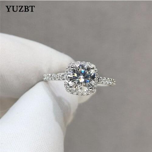 YUZBT 18K White Gold Plated Brilliant Cut 1-2 Carat Square Gemstone Diamond Test Past D Color Moissanite Cushion Ring for Women