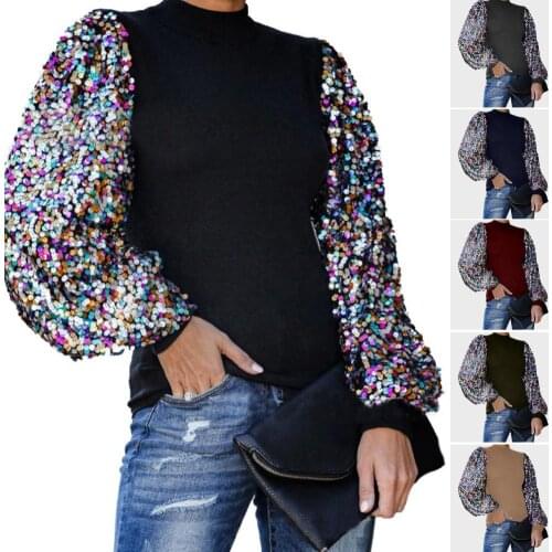 Women Blouses 2020 Fashion Women Autumn Winter Mock Neck Sequins Patchwork Long Puff Sleeve Blouse Shirt Top