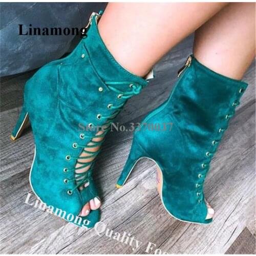 Linamong Trendy Women Peep Toe Suede Leather Stiletto Heel Short Gladiator Boots Lace-up Lake Blue High Heel Ankle Booties Heels