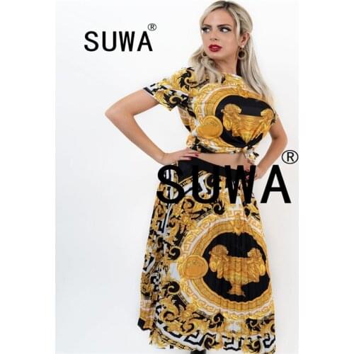 2021 New Arrival Sexy Club 2 Piece Set Women Vintage Printed Short Sleeve T-Shirt Top High Waist Pleated Midi Dress Skirts