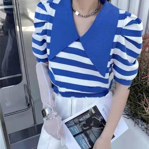 New Vintage Striped Knitwear Tops Summer Womens Sailor Collar Knitting Shirt Puff Short Sleeve Black White Blue Pullover Sweater