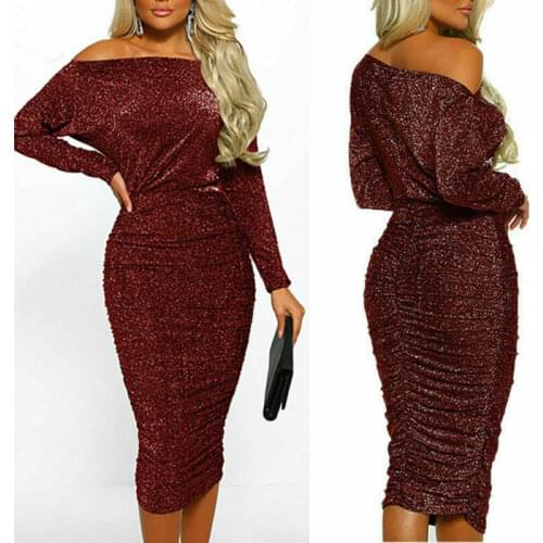 Womens Glitter Frill Midi Dress Ladies Sparkle Everning Party Clubwear Sexy Word Shoulder Pocket Waist Dress