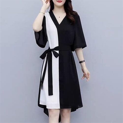 Fashion Womens Clothing 2021 Summer Dress Black and white Splicing Short Sleeve Dress Casual Outfits Ladies Dress Party 5XL