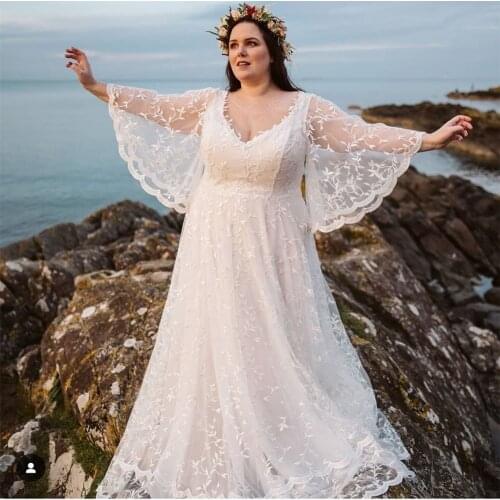 2021 Beach Boho Wedding Dresses Plus Size Spring Summer Flare Sleeves A Line Bohemian Bridal Gowns Floor Length Vestido De Novia