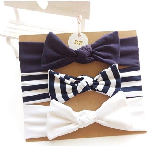 3pcs/set Mustard Kid Stretch Headband Stripped Dark Blue Grey Sweet Boutique Girl Head Wrap Birthday Gift Headband Set