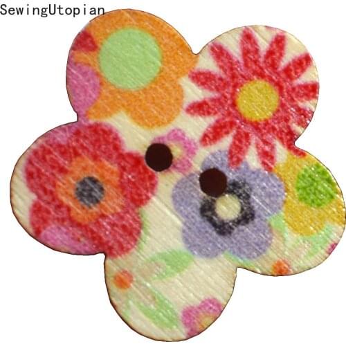 50PCS 25MM 2 Holes Colorful Flower Wooden Buttons Sewing Button DIY Craft Mixed Flowers Wave Edge Scrapbook Sewing Accessories