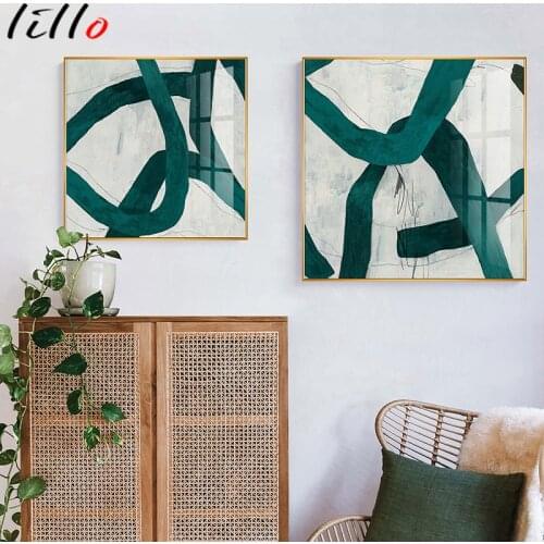 Abstract square poster green jagged lines canvas painting art morden print image for living room decoration