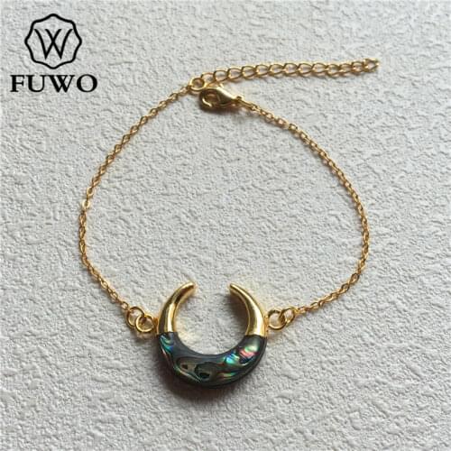 FUWO Exclusively Designed Abalone Shell Crescent Bracelet With Gold Dipped Brass Chain Fashion Double Horn Bangle Jewelry BR502