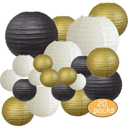 Decorative Party Paper Lanterns 20 Pcs Gold Beige Black Round Japanese/Chinese Lantern lanterne papier for Wedding Outdoor Decor