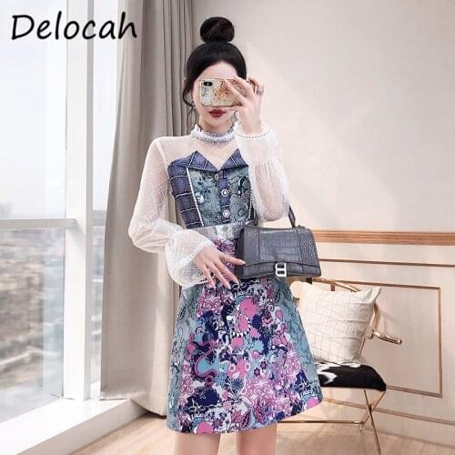 Delocah New 2021 Autumn Women Fashion Runway Party Mini Dress Flare Sleeve Single Breasted Beading Vintage Print Dress Vestidos