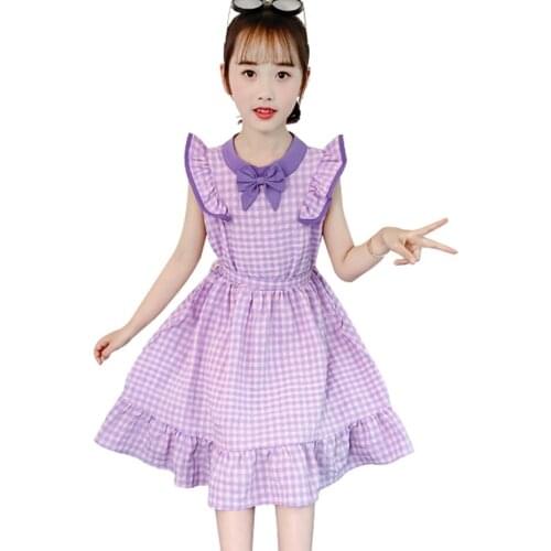 Kids Dresses For Girls Plaid Pattern Girls Party Dress Big Bow Kid Dress Summer Childrens Clothing 6 8 10 12 14