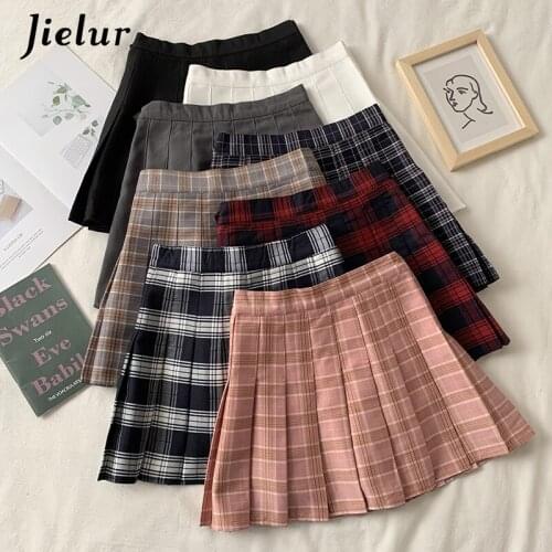 Jielur Sweet High Waist Women Skirts White Black Pleated Fashion Plaid Skirt A-Line Vintage Cute Kawaii Short Faldas Summer S-L