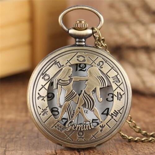 Constellation Theme Pocket Watch Bronze Gemini Carving Slim Chain Men Women Deco Clock Special Gifts for Children Teen Birthday