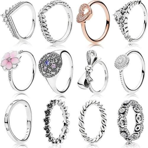 Classic Silver Color Rings With Crown Bow Flower Love Crystal Wedding & Party Wide Ring For Women Jewelry
