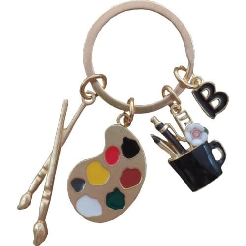 Black A-Z Enamel KC Gold Plated Drawing Board Paint Brush Keychain Key Ring Painter Art Student Anniversary Present Gift Jewelry