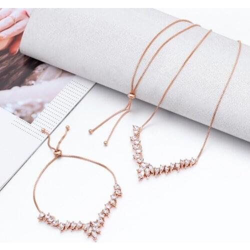 Hesiod Trendy Style Charm Crystal Necklace Adjustable Bracelet Set Bridal Bridesmaid Wedding Jewelry Sets