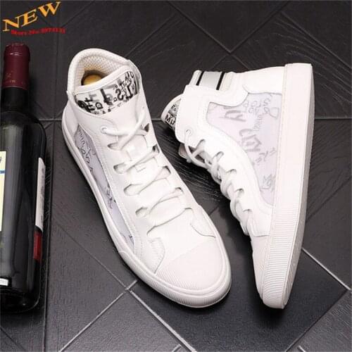 Korean Fashion White Leather Men Casual Shoes Sneakers High Tops Board Shoes Flats Chaussure Homme