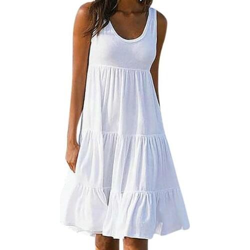 50% Hot Sales Plus Size Women Solid Color Sleeveless O Neck Stitching Pleated A-line Dress