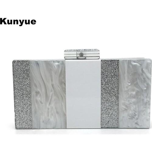 New Trendy Wallet Women Silver White Striped Sequins Handbag Acrylic Luxury Lady Evening Bag Chic Wedding Party Box Clutch Purse