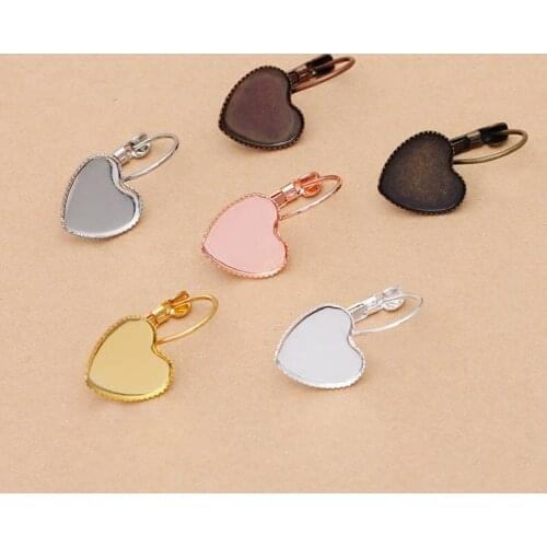 50pcs Clip Hook Earrings Findings Settings Blanks 12mm Heart Bezel Tray Resin Cabochon Base French Ear Wire Earrings DIY Crafts
