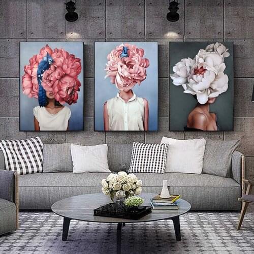 Wall Art Canvas Painting Print Poster Flowers Feathers Woman Abstract Picture For Living Room Home Decoration No Frame