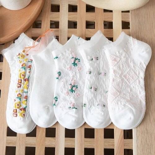 5 Pairs Set Flowers Socks Women Pack Ankle Harajuku Kawaii Cute Cotton Skarpetkie Damski Bohemia Style Floral Invisible Socks