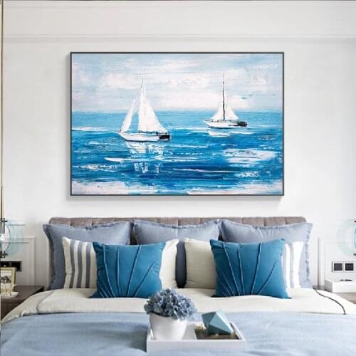 Landscape Picture Boat at Sea Oil Painting On Canvas Painting Modern Abstract Blue Decoration Picture For Living Room Cuadros