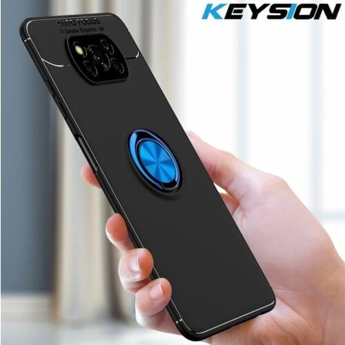 KEYSION Shockproof Case For Xiaomi POCO X3 NFC Soft Silicone Magnetic Metal Ring Stand Phone back cover for Pocophone X3 NFC