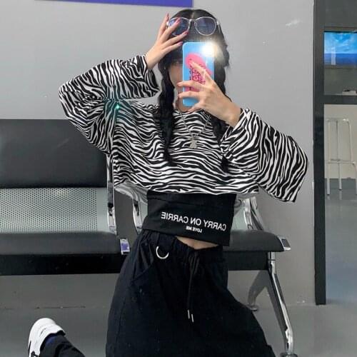 Saliency Autumn 2020 Fashionable Womens Clothing Loose Long Sleeve T-shirt Zebra Print Short Top with Two Pieces Suspenders