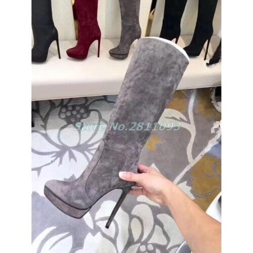 Suede Platform Thin High Heel Boots Zipper Knee High Winter Women Dress Runway Boots Grey Red Black Stiletto Heel Shoes Platform