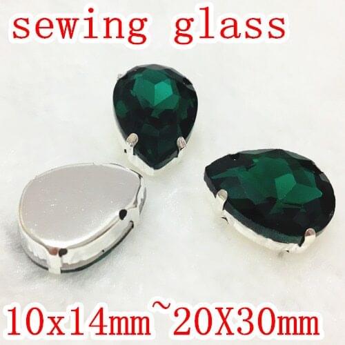 Green Zircon Color Sew On Crystal Teardrop Fancy Stone With Metal Claw Setting 10x14mm,13x18mm,18x25mm,20x30mm