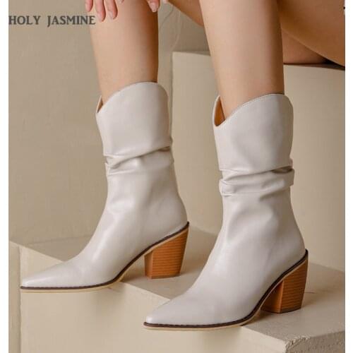 2022 Autumn Winter Size 34-43 New Genuine Leather Fashion Boots Women Slip on Thick High Heels Western Boots Ladies Shoes Botas