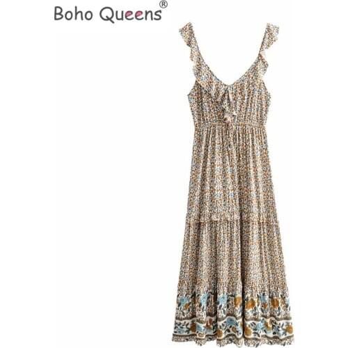 Boho Queens women floral print sleeveless beach Bohemian Spaghetti Strap dress Ladies rayon cotton Boho maxi dress vestidos