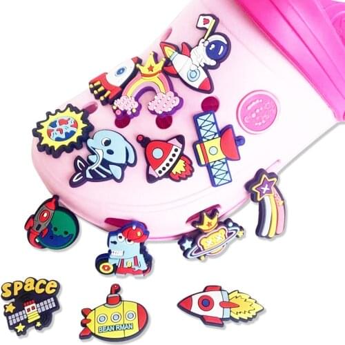 1pcs Space UFO Rocket Unicorn Queen Shooting Star Rainbow Shoe Charms Shoes Accessories Decoration Clog Fit Croc Jibz Kids Gifts
