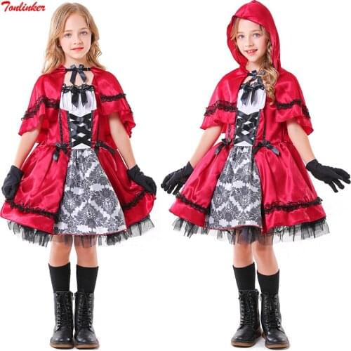 2021 Girls Halloween Costume Fairy Tale Princess Little Red Riding Hooded Uniforms Fancy Party Cosplay Dress Cloak Gloves Suit
