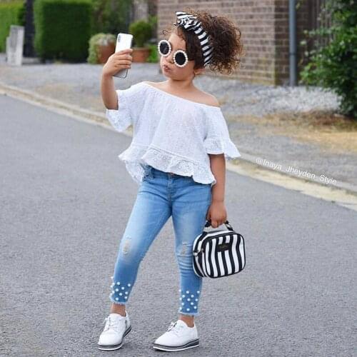 2020 TALLOLY children European and American childrens clothing lace middle-sleeve beaded denim trousers girl suit autumn