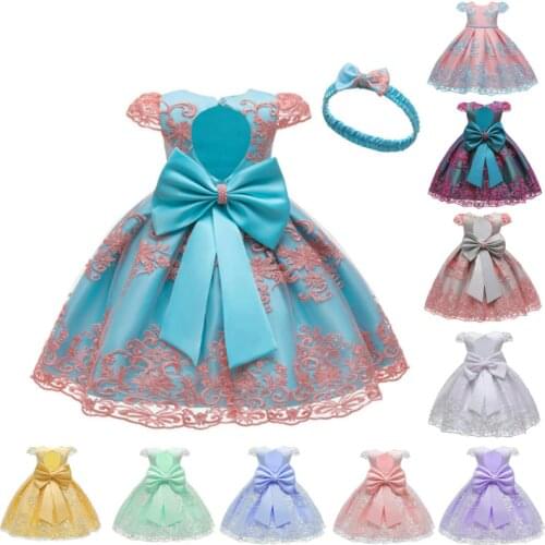 Children Girls Pleated Princess Dress Lace Bow Mesh Cotton Evening Dress Birthday Party Clothes Free Headband
