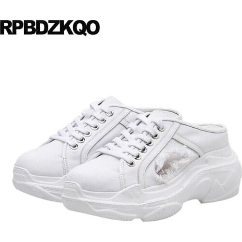 Denim canvas shoes women retro pumps creepers small size lace up 8cm yellow wedge 33 round toe high heels white 4 34 platform