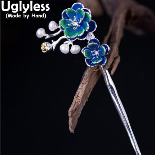 Uglyless Enamel Plum Blossom Hair Sticks for Women Vintage Elegant Floral Hair Accessories 925 Silver Natural Pearls Hair Jewel