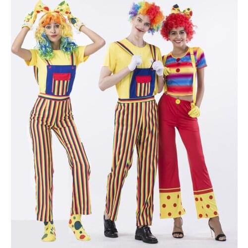 Carnival Party Halloween Clown Costumes Men Women Rainbow Circus Clown Costume Cosplay Fancy Striped Top Pants Couple