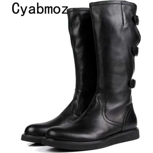 Cyabmoz Genuine Leather Men Long Boots Fashion Buckle Flat Motorcycle Combat Boot Spring Autumn Man Martin Riding Army Boot Shoe