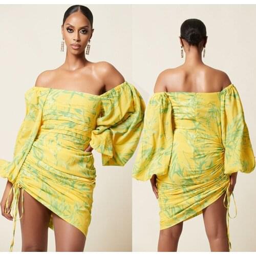 2021 New African Womens Fashion Party Printed Bubble Sleeve Drawstring Printed Dress Womens Clothing