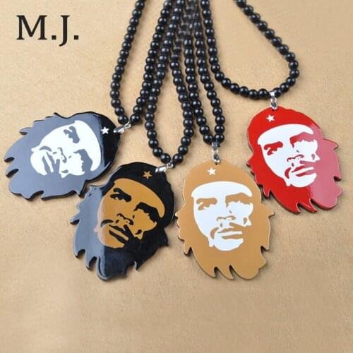 Latest Fashion Brand Good Wood Ernesto Guevara Pendant Hip Hop Beads Long Chain Men Pendants Necklaces Costume Jewelry Wholesale