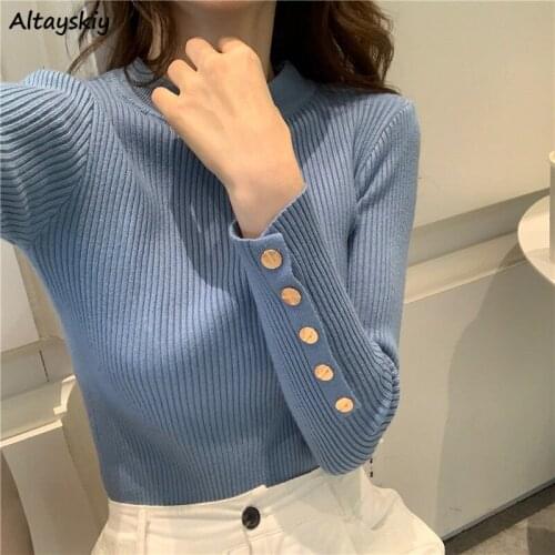Pullovers Women Slim Elegant Button Solid All Match Soft Ulzzang O-Neck Female Stylish Popular Leisure Lovely Simple Autumn Ins