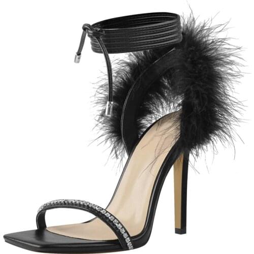 Richealnana Casual Thin High Heels Artificial Fur Rhinestone Sandals Womens Square Toe Ankle Strap Matte Black Evening Party
