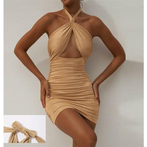 SKMY Summer New Fashion Sexy Hanging Neck Hollow Backless Slim Buttocks Dress Tight-Fitting Pleated Evening Short Dresses 2021
