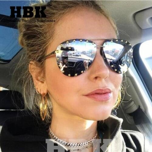 HBK New Fashion Rivet Pilot Goggle Sunglasses Women Men Blue Lens Metal Round Frame Brand Design Driving Eyewear Black Oculos