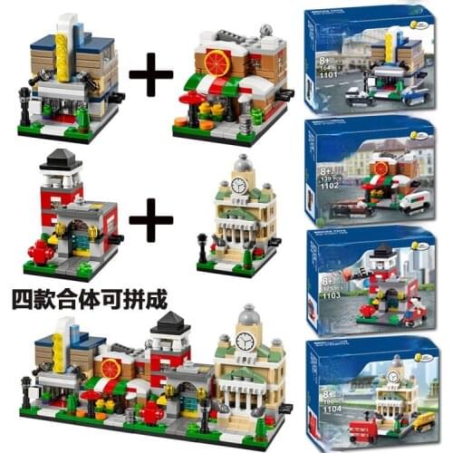 Decool 1101-1104 building blocks mini city scene cines/pizzeria/estacion de bomberos/guildhall ladrillos juguetes 4pcs/lot
