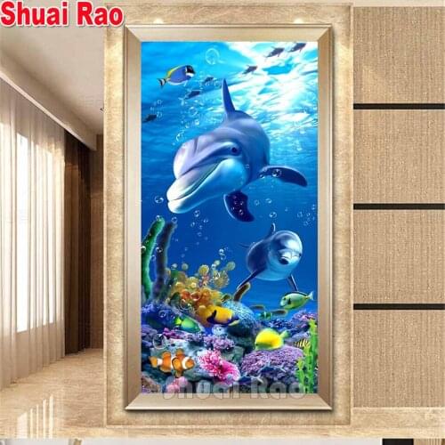 Huge Diamond Painting Dolphins fish 5D DIY Full Drill Round Diamond Embroidery Rhinestone Mosaic Underwater World Decor gift