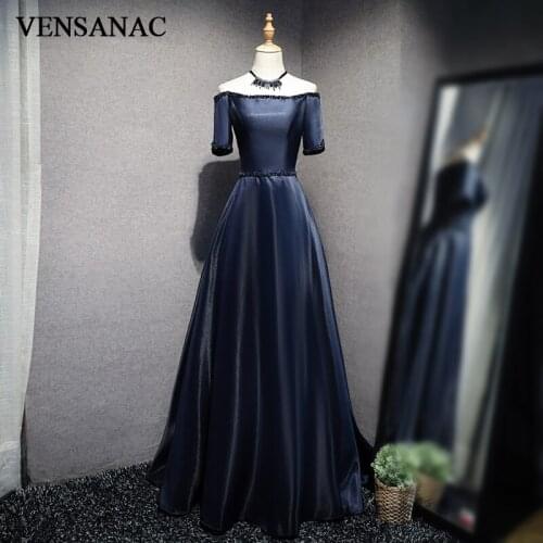VENSANAC 2018 Pearls Boat Neck Crystal Sash Long Evening Dresses Party A Line Beading Satin Backless Prom Gowns
